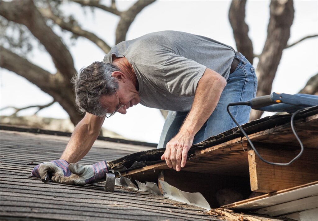 Roofer inspecting an asphalt shingle roof for a leak source
